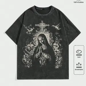 Men's 100% Cotton Festive Virgin Mary Printed Washed Vintage Dyed Batik Tshirt - Round Neck, Short-Sleeve, Distressed, Unisex Fit Streetwear Crewneck - Ideal for Gifting (Sports & Outdoor Outerwear)