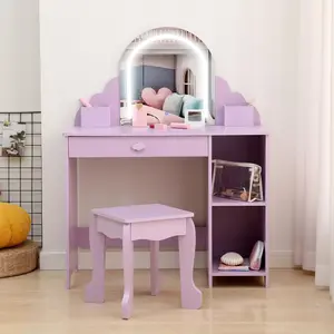 Garvee Vanity Set with Illuminated Mirror, 2-in-1 Table and Stool, Makeup Station with Drawer and Open Shelves for Girls Ages 3 to 9