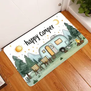 1 Piece Camping Trailer Floor Mat - Happy Camper Text, Non-Slip Kitchen Mat with Vintage Camper, Pine & Sun & Moon Design - Machine Washable for RVs, Cabins, Home Decor - Perfect Gift for Camping Lovers, Cabin Essentials, RV Travelers