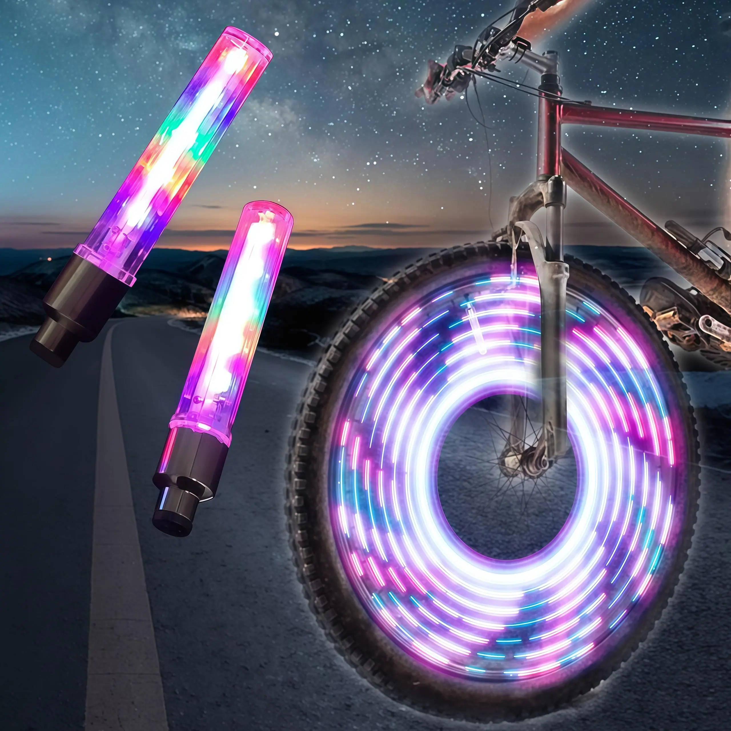 2PCS Waterproof LED Bicycle Wheel Lights,Stylish and Functional,Colorful Gradient Glow,7 Light Modes,Stylish Atmosphere Decoration,Enhance the Vibe for Bikes,Motorcycles and Cars,Night Riding Safety