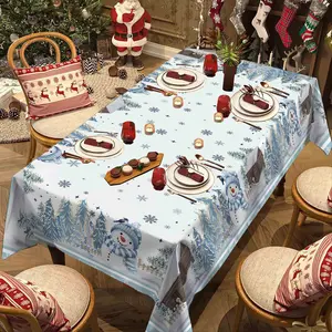 Rectangular Christmas Tablecloth with Snowman, Snowflakes, and Pine Tree Design, Indoor and Outdoor Dining Decoration for Holidays, Weddings, Parties, and Picnics