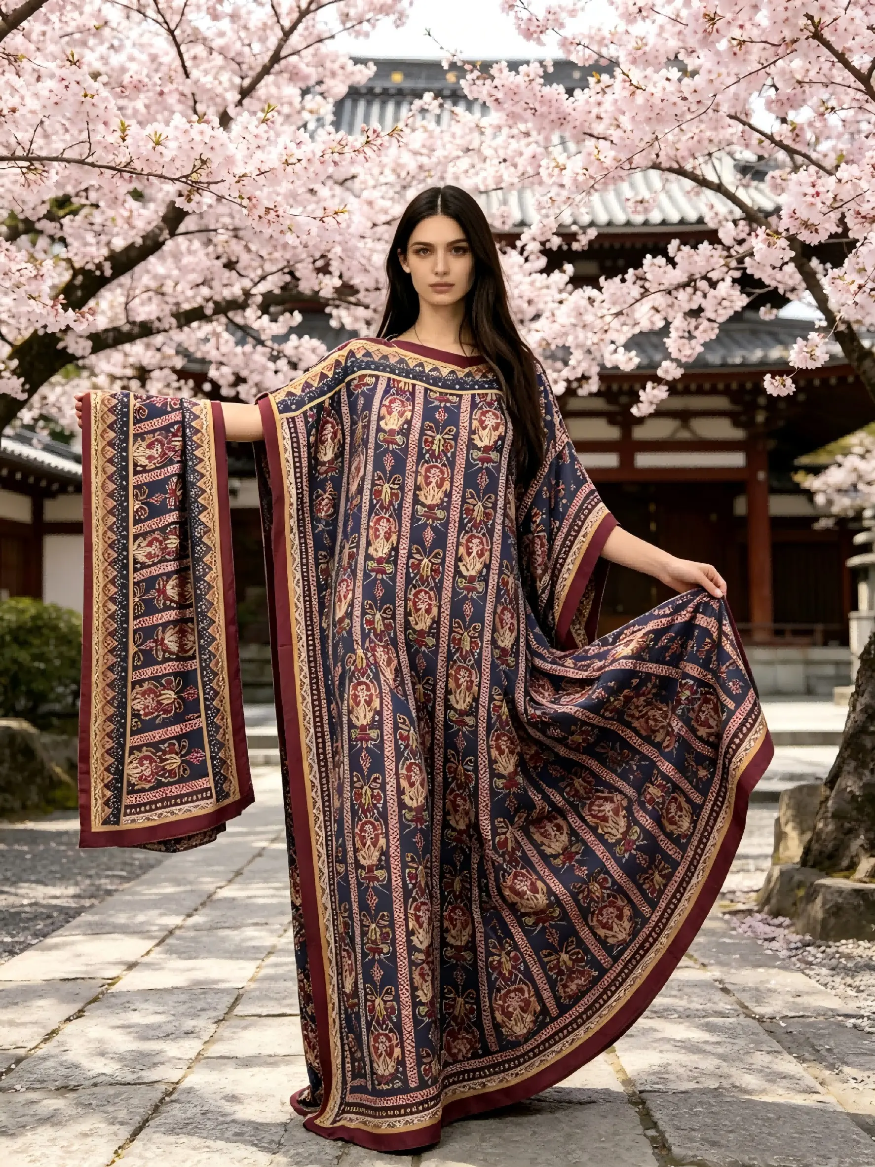 1 Robe+1 Scarf Retro Ethnic Totem Printed Bohemian Robe Dress Set Large Ship Collar Loose Flesh Covering Long Dress Robe+1 Scarf Exotic Light Luxury Vacation Style Casual Long Dress