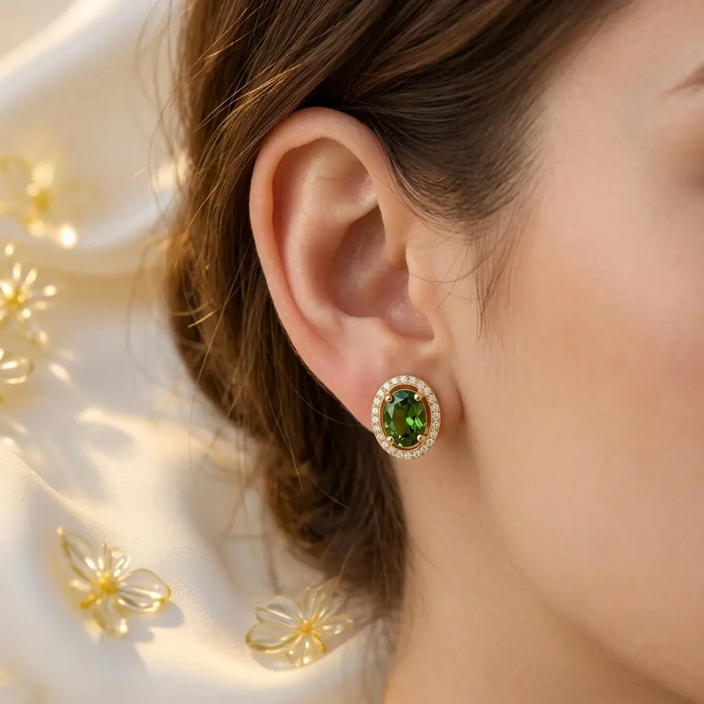 Certified Natural Green Tourmaline & Diamond Halo Stud Earrings | Gold Plated 925 Silver | Mozambique Gemstone