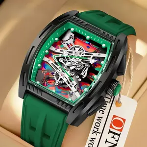 Men's Barrel-Shaped Watch - Unique Hand-Painted Dial, Skeleton Mechanical Style, 50M Waterproof, Silicone Strap, Artistic Fashion Wristwatch for Men