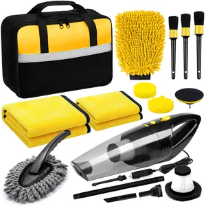15Pcs Car Cleaning Kit - Wheel and Tire Cleaning Brushes & Dusters, Towels, Detail Brushes, High-Powered Handheld Car Vacuum - Automotive Interior & Exterior Cleaning Tools
