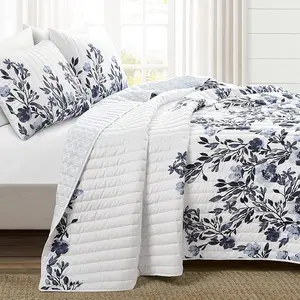 Tanisha Reversible Floral Quilt Set, 3 Piece Set, King, Gray & Purple - Elegant Floral Bedding Set - Purple Lavender Quilt - Beautiful Flower Print - Modern Farmhouse & Cottage Home Décor