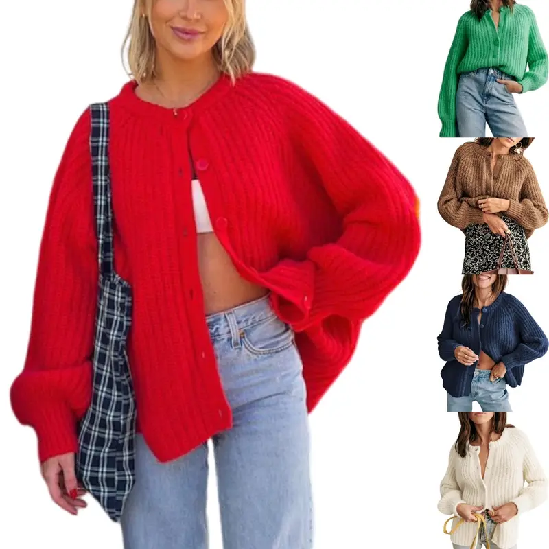 Ommig Women's Knitting Cardigan - Cute Fitted Soft Outerwear with Long Sleeves, Crew Neck, Drop Shoulder, Button Closure, Coarse-Gauge Knit Airy Drape, Hook and Eye, Easy Layering for Work, Casual Wear
