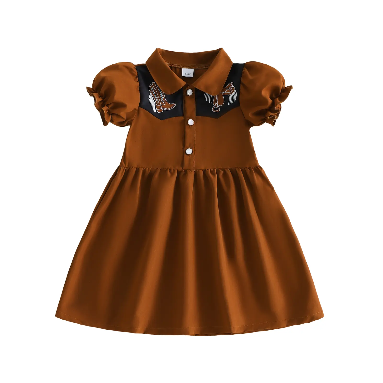 Toddler Baby Little Girl Western Dresses Boot Saddle Pattern Short Sleeve A-line Button Collared Dress Cowgirl Clothes 3-10 Years