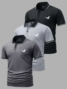 3-pack men’s summer lightweight polo shirts with Falcon print, short sleeves, button placket and collar; stylish casual athletic wear for outings, work/business, golf, fishing, camping; great gift for boyfriend or husband; trendy holiday outfits.