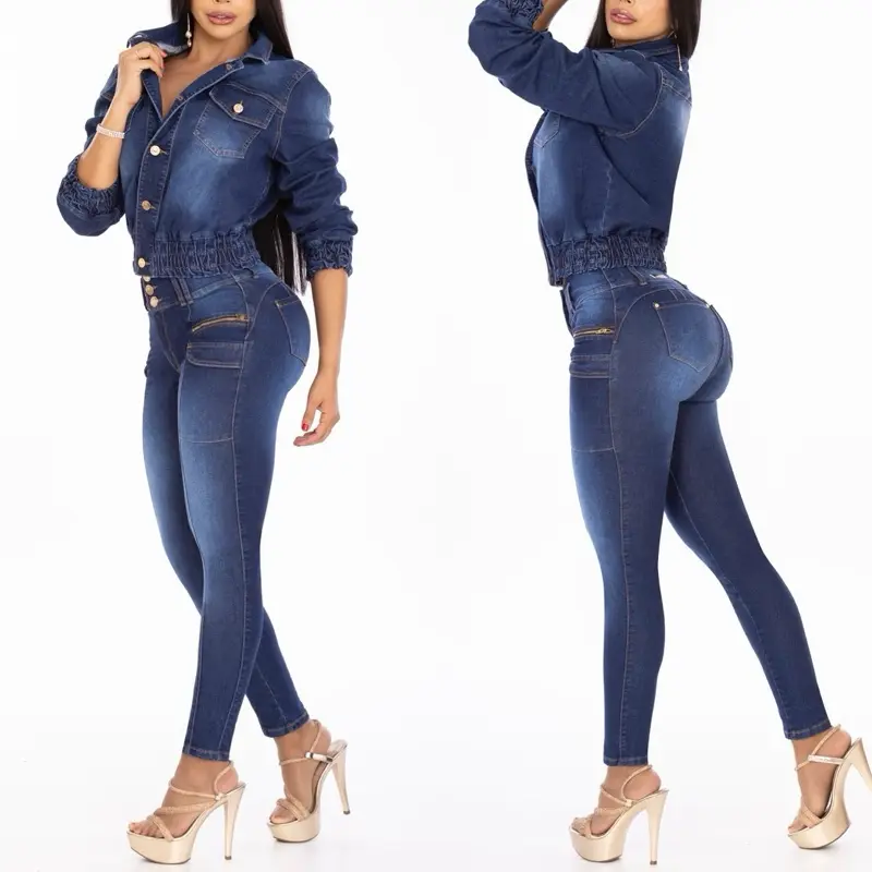 Women's 2-Piece Colombian Denim Blue Casual Wear Set (P76-57) - Slim-Fit, Stretch Denim Fabric, Breathable, Colombian Look, Cultural Origin Design
