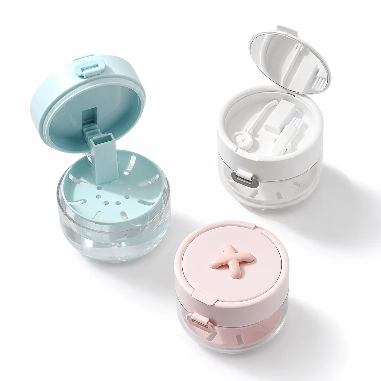 Retainer Cleaner Case Box with Mirror & Brush, Leak-Resistant Soak Container with Drain Tray, Portable Storage Box for Aligners, Dentures, Mouth Guards & Braces