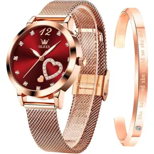 OLEVS Rose Gold Watch for Women Mesh Strap Fashion Dress Hearts Japanese Quartz Waterproof Luminous Ladies Watches Bracelet Sets