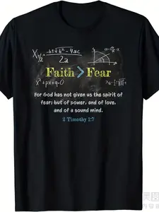 Faith Fear 2 Timothy 1 7 Christian Verse Math Equation T-Shirt Same Style for Men And Women  Summer Short-Sleeved Printed T-Shirt Pure 220G