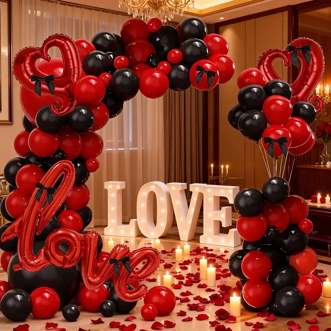 103pcs Valentine's Day Balloon Arch Kit, Balloon Arches Decorations, Black and Red Latex Balloons Heart Shaped Balloons with Red Love Hook Heart Aluminum Foil Black Bow Ribbon Decoration, Used for Valentine's Day Parties Proposal Decoration