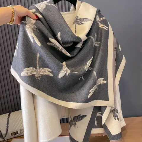 Women's Elegant Dragonfly Pattern Double-sided Fringe Trim Design Scarf, Casual Soft Warm Shawl for Fall & Winter, Fashion Accessories for Daily Wear
