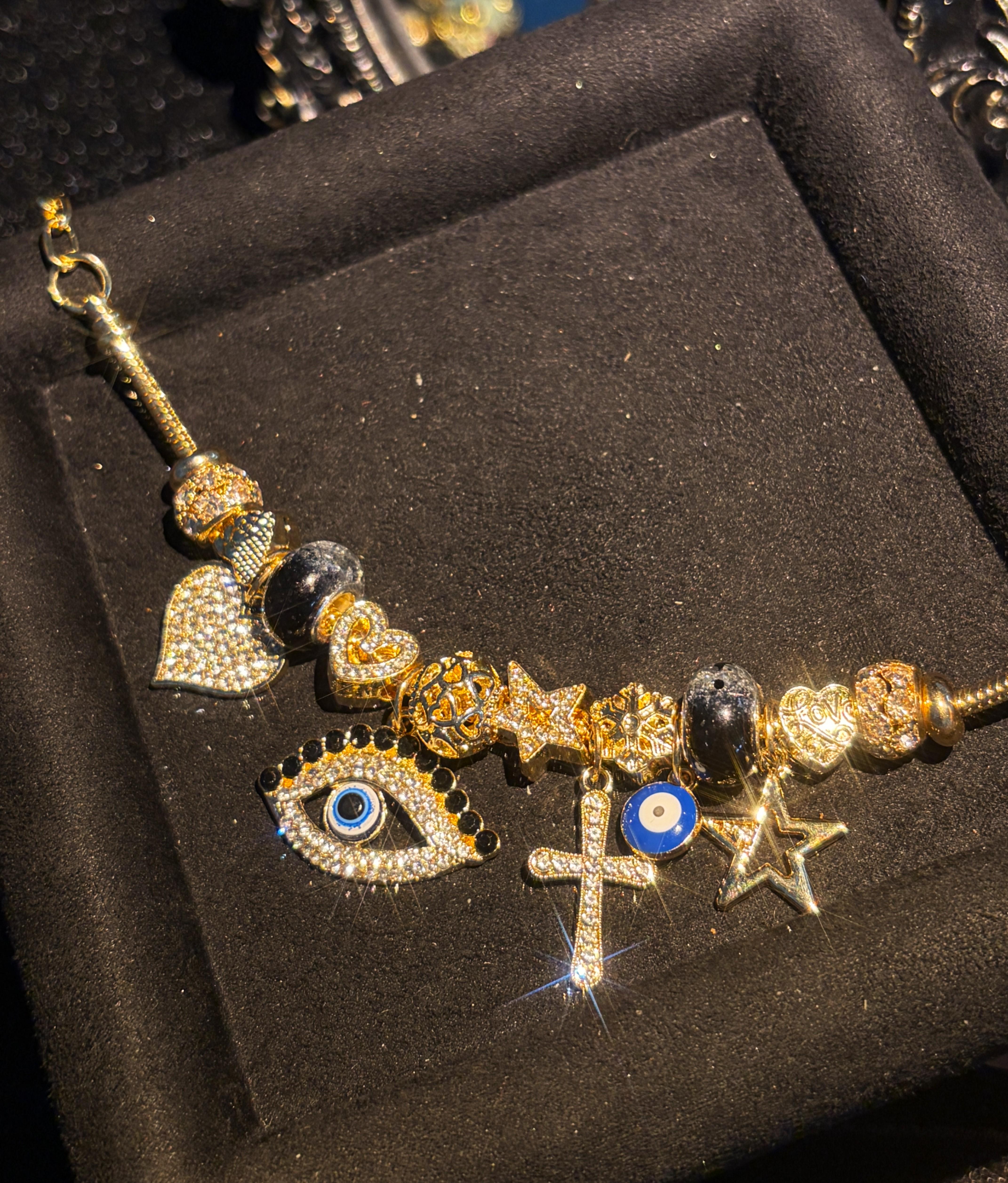 Women's Lucky Evil Eye Charm Bracelet - Gold-Tone Adjustable Extension Chain, Cubic Zirconia Cross Star Heart Charms, Stackable Layering Beaded, Boho Protection Jewelry, Ideal Birthday Holiday Gift for Teen Girls