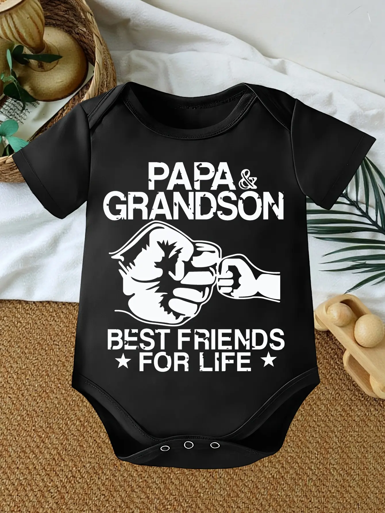 Baby Boys Black Short Sleeve Bodysuit, Papa & Grandson Best Friends For Life Fist Bump Matching Infant Cotton Onesie