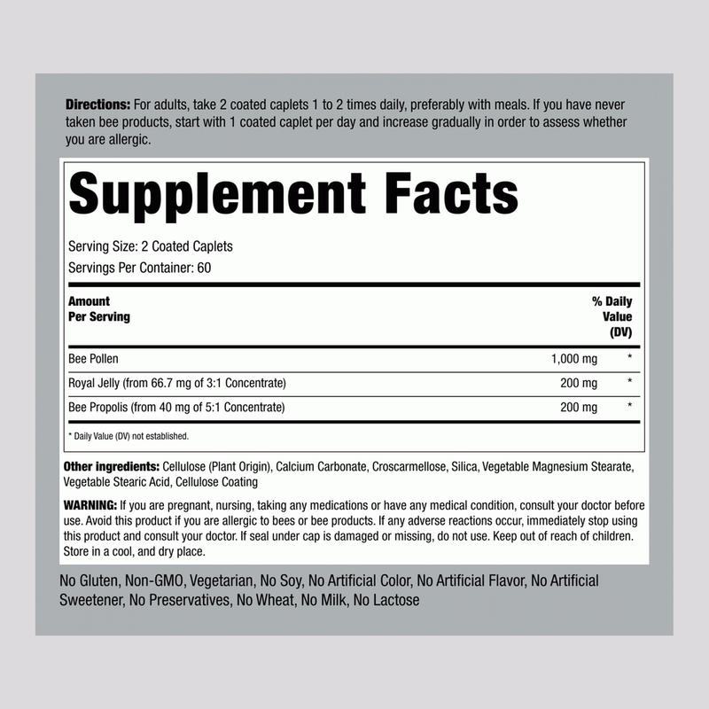 Piping Rock Bee Pollen with Royal Jelly and Propolis | 120 Caplets | Complex Supplement for Women and Men | Non-GMO, Gluten Free