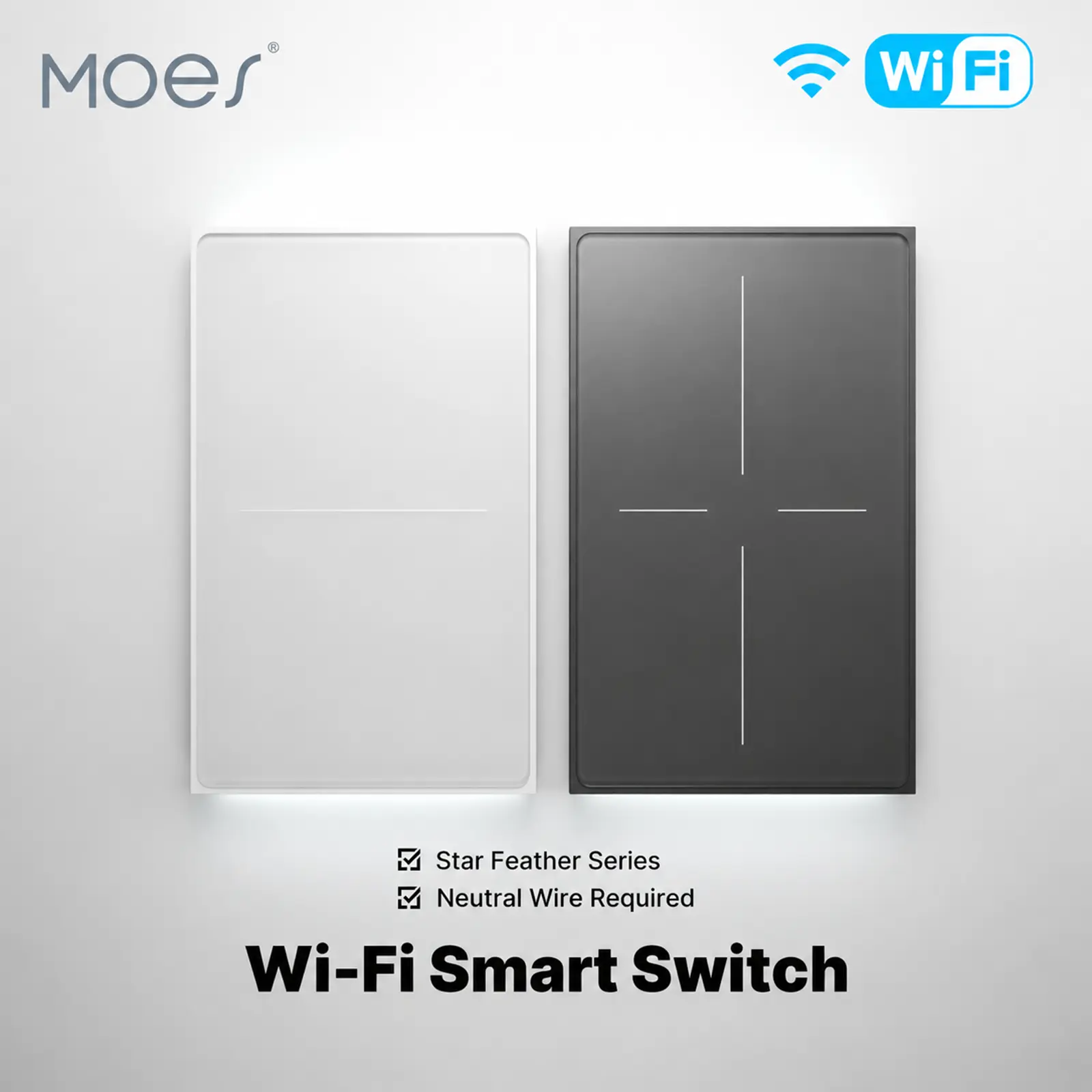MOES SF Series US 1/2/3/4 Gang Rectangular Wi-Fi Wireless Switch Wall Light Switch for Modern Home Decor, Indoor Use, Voice Control - Alexa & Google Assistant, Auto Schedule, Easy Installation, White & Gray Options, Wireless Switch Wall Light Switches