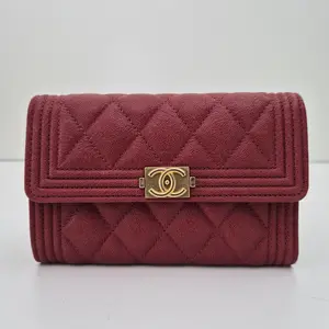 Pre-owned CHANEL Leather Small Leather Goods Caviar Quilted Boy Tri Fold Medium Red Wallet