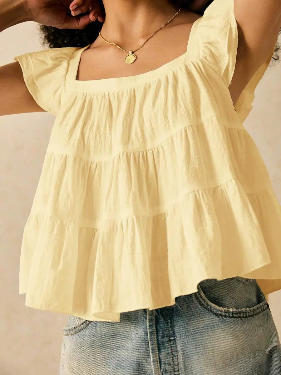 Women's Solid Color Square Collar Ruffle Sleeve Loose Cute Blouse,Summer Top Elegant