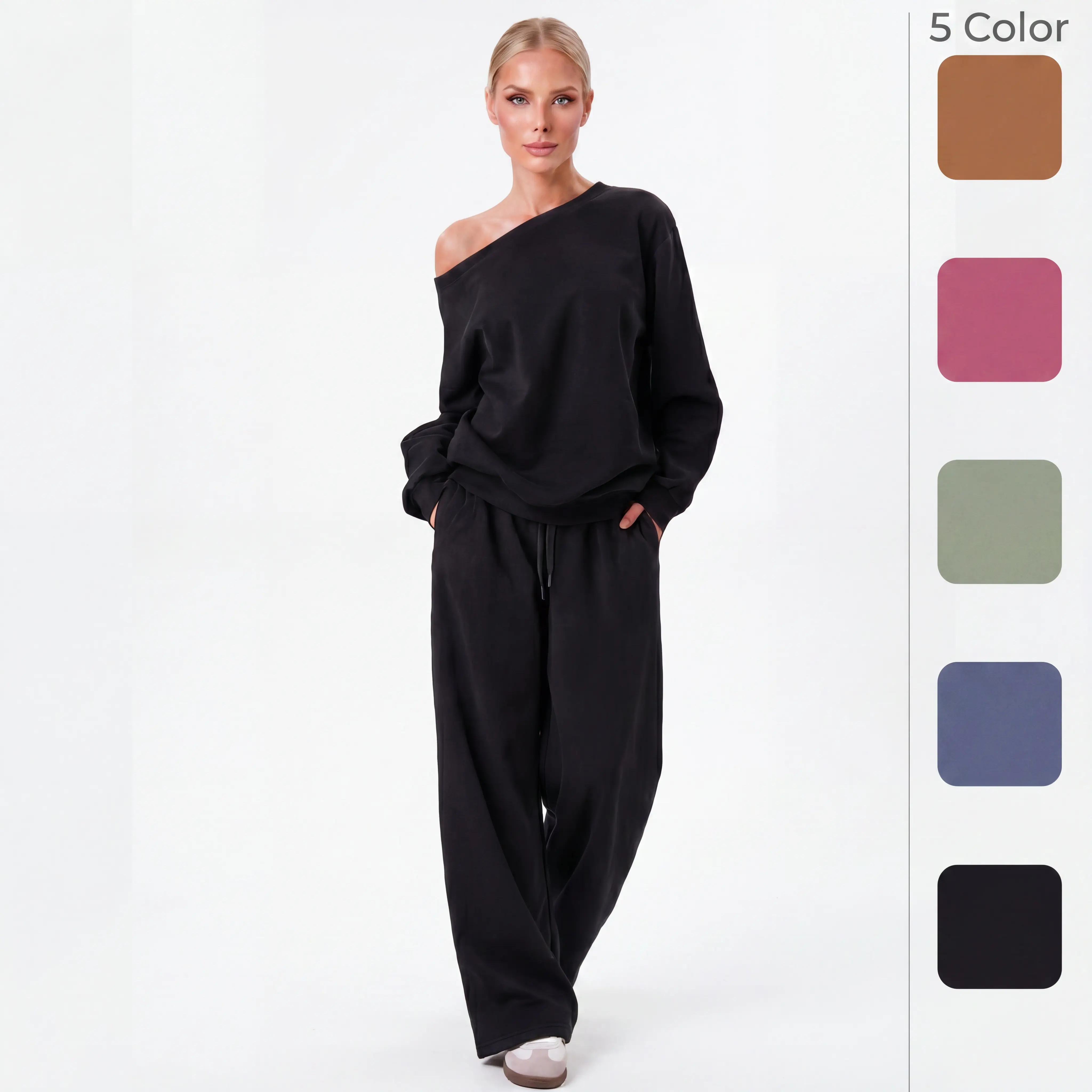 Women's 2-Piece Thick Plush Viscose Spandex Lounge Set - 2026 Elegant Sloping Shoulder Longsleeves Scoop Neck Top & Wide Leg Pants, Comfortable Polyester Womenswear