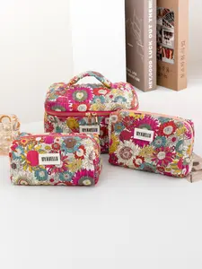 3-Piece Large Capacity Travel Makeup Bag Set, Embroidered Washbag, Floral Zipper Portable Cosmetic Bag, Bohemian Style Storage Pouch
