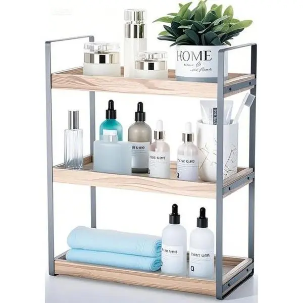 Modern Wooden Bathroom Shelf Organizer - 3-Tier Contemporary Home Organizer, Clutter Control Storage for Cosmetics & Home Office, Compact Sturdy Easy-to-Install Countertop Vanity Display
