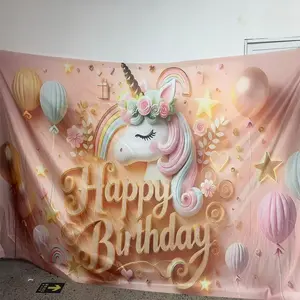 2D Flat 1PC Polyester Banner, Unicorn Theme "Happy Birthday" Design, Pink Gold Balloon, Rainbow & 3D Unicorn Elements, Dreamy Macaron Style, Indoor and Outdoor Use, Ideal for Girls Birthday Party, Fairy Tale Themed Event, Princess Gathering,