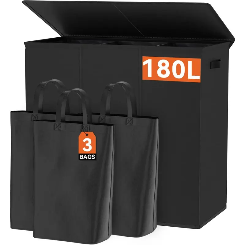 180L Laundry Hamper with Lid 3 Section,Large Laundry Basket with Removable Bags and Handles,Collapsible Dirty Clothes Hampers for Laundry,Laundry Basket Organizer for Laundry Room,Dorm,Black