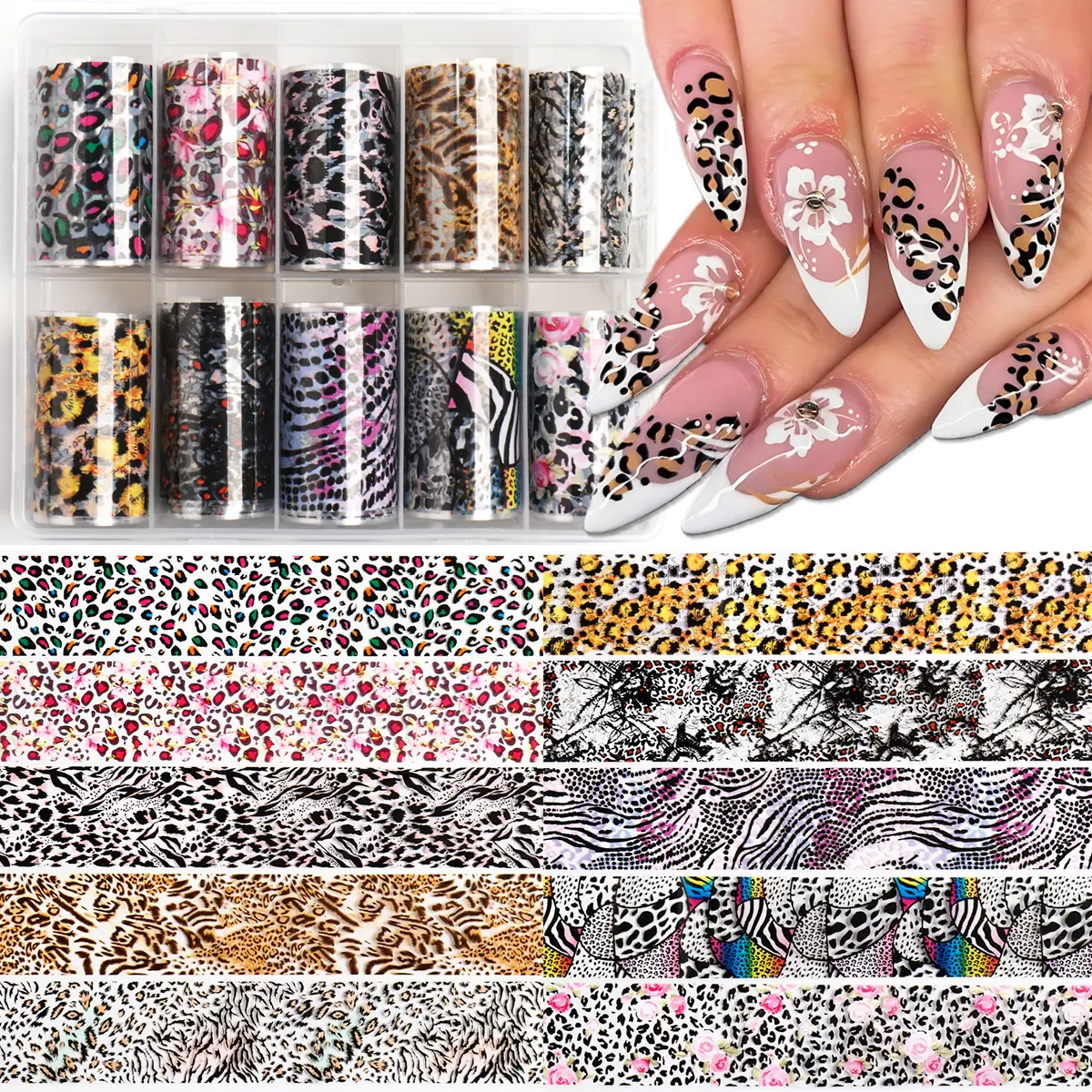 10 Rolls Nail Transfer Foils Stickers, Butterfly Plaid Snake Leopard Lace Holographic Nail Decals for Acrylic Gel Nails, Manicure Decor Supplies for Women