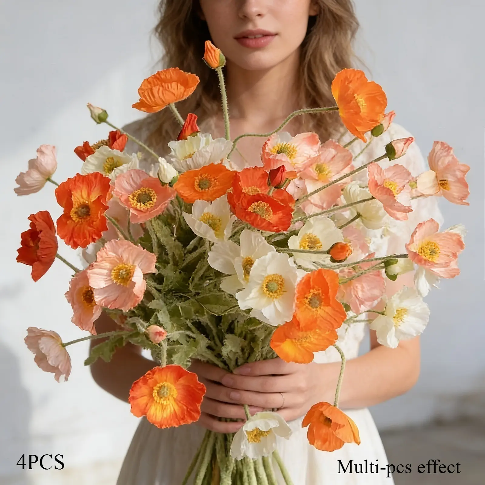 4 Bundles of Artificial Poppy And Daisy Flowers, Artificial Flowers Bouquet, Fake Floral Decor, Realistic, Suitable for Indoor/Outdoor Decoration, Offices, Home Decor, Perfect for Wedding And Engagement Decorations
