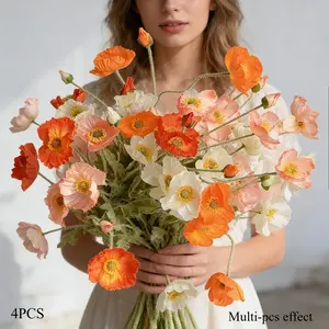 4 Bundles of Artificial Poppy And Daisy Flowers- Decorative, Realistic, Bright, Lifelike, Suitable for Indoor/Outdoor Decoration, Offices, Bookshelves, Hotels, Housewarming, Home Decor- Perfect for Wedding And Engagement Decorations, Valentine'S Day
