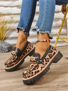 Wide Width Leopard Print Loafers for Women, Chunky Platform Slip-On Shoes with Metal Chain, Extended Size Round Toe
