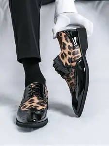 Men's Classic Derby Shoes with Leopard Print Patchwork Design, Comfortable Casual Footwear for Daily Wear & Special Occasions