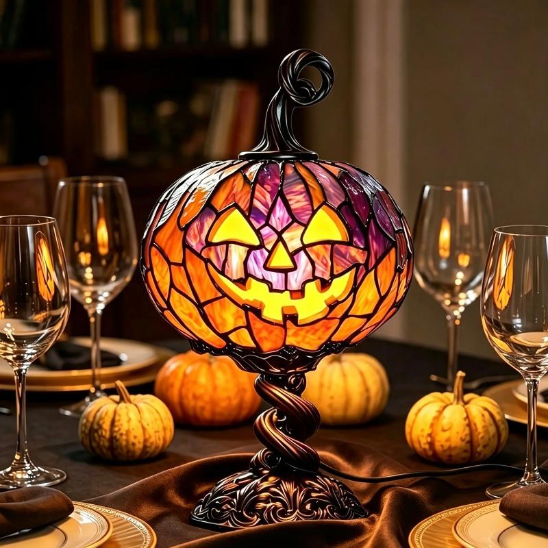 Halloween Christmas Stained Glass Pumpkin Table Lamp, Vintage Tiffany Style Jack O Lantern Pumpkin Night Light, Retro Decorative Desk Lamp for Holiday Party Home Bedroom Dining Table Ornament Gift, holloween decor