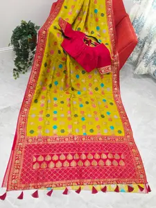 Benarasi Soft Silk Mustard Yellow Saree with Multicolor Butta & Red Zari Border - Stitched Blouse