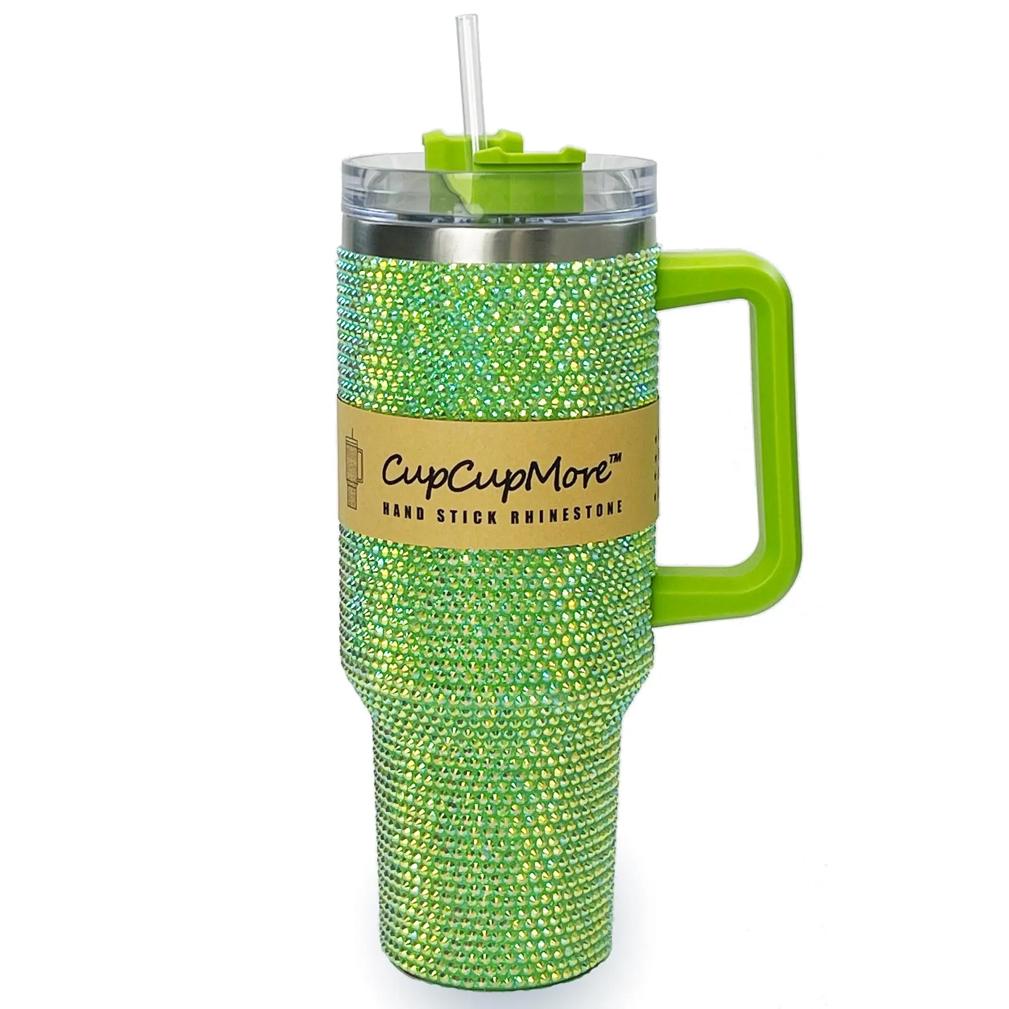 Cupcupmore 40 oz (1000-2000 ml) Stylish Glam Green Bling Design Rhinestone Finish Stainless Steel Insulated Tumbler Set, Vacuum Flask Drinkware with Straw, Lid, Handle, Sparkle Car Cup Holder, Keeps Cold 12H for Drinks, Coffee