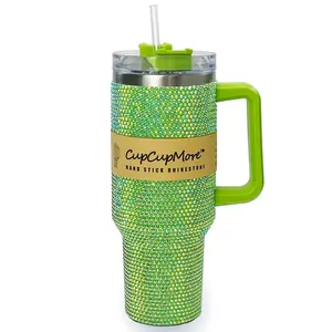 Cupcupmore 40 oz Green Bling Rhinestone Stainless Steel Sippy Tumbler Glitter Vacuum Insulated Thermal Water Bottle with Straw & Lid &Handle,Sparkle Car Cup Holder,Keeps Cold 12 Hours Drinks,Coffee