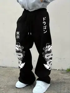2026 Trending Black Oversized Sweatpants - Tokyo Dragon Japanese Streetwear Graphic Pants, Street Casual Bottoms, Soft Fabric Ideal for Japanese Style Gatherings & Daily Outings, Must-Have for Japanese Streetwear Style Enthusiasts, Bold Dragon+Tokyo Theme