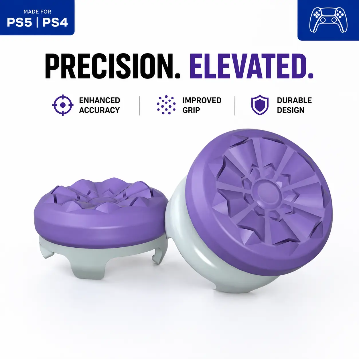 Purple Controller Grips for PS4 & PS5 Controllers, Durable Anti-Slip Rubber Joystick Covers, Action Gaming Console Accessory, 1 High-Rise + 1 Mid-Rise Grip That Stays, Performance Enhancement FPS Accessory