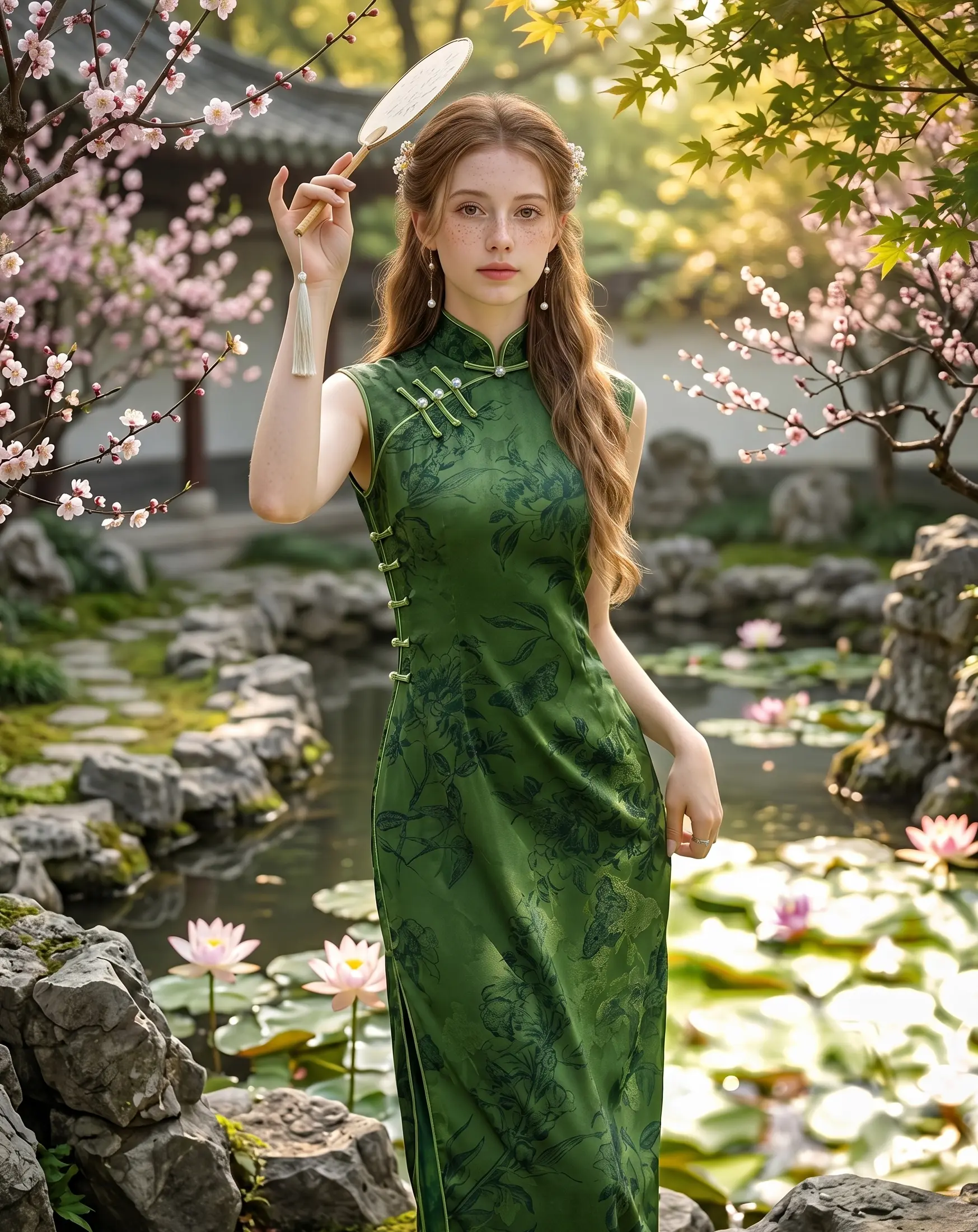 Moss Green Floral Jacquard Qipao Dress | Neo-Chinese Cheongsam, Modern Oriental Dress, Elegant Evening / Daily Wear