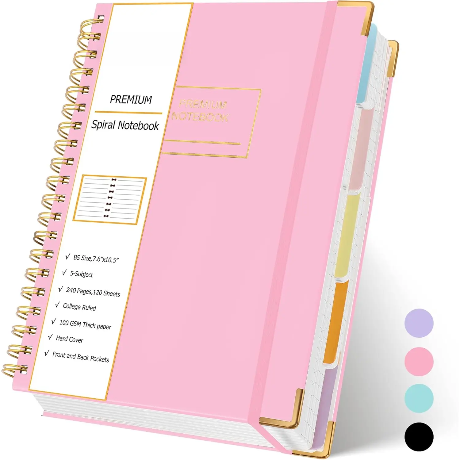 5 Subject Notebook with Dividers, 240 Pages Pink Spiral Journal College Ruled, B5 Aesthetic Writing Journals for Women, Hardcover Notebooks for Work Note Taking, College Essentials