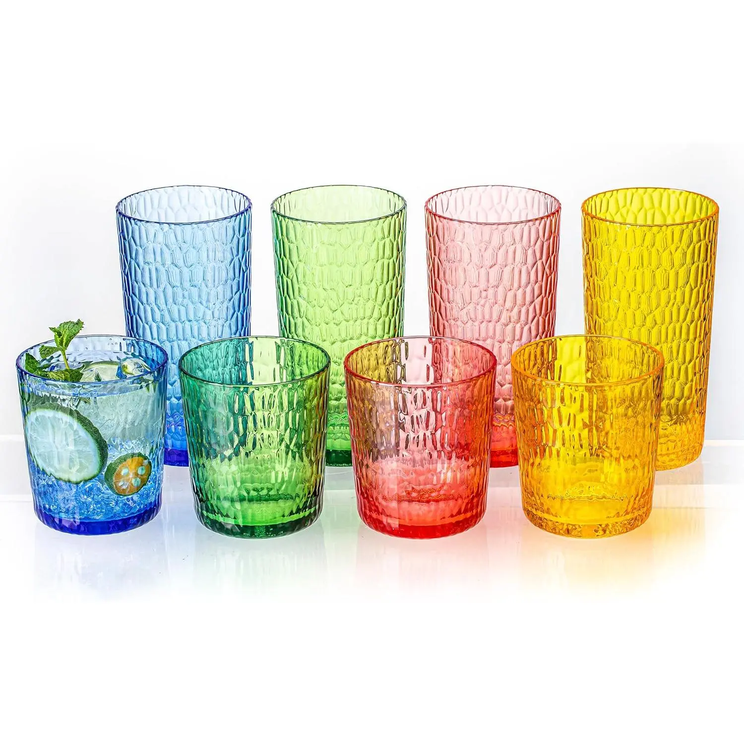 15oz and 22oz Colorful  Glasses Drinkware (Set of 8), Honeycomb Stackable Shatter-Proof Plastic Tumblers,  Plastic Drinking Glasses, , Dishwasher-Safe