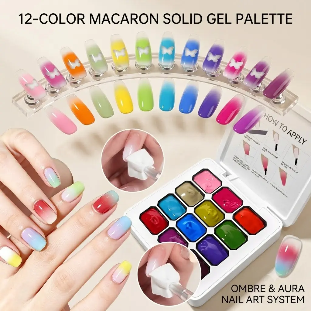 12-Color Macaron Solid Gel Nail Palette: Gradient & Aura Ombre Polish Kit with Butterfly Decals, Non-Leakage Pudding Potted Nail Art Set