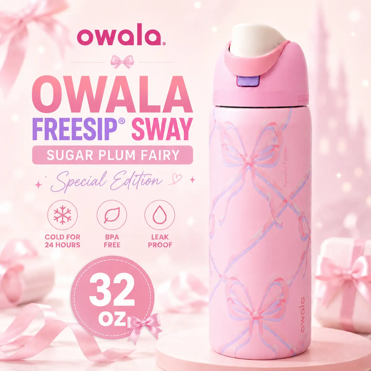 Owala FreeSip Sugar Plum Fairy 32oz Insulated Stainless Steel Water Bottle  – Pink Bow Coquette Edition