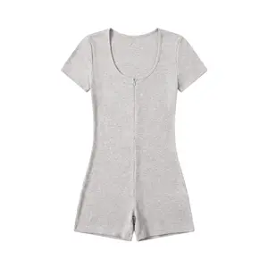 FDR U-Neck Zip-Up Short Sleeve Ribbed Romper Jumpsuit Chic Breathable Womenswear Fitted Soft Bodysuit Bodysuit summerwins