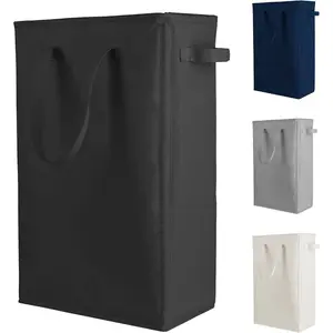 Slim Laundry Hamper Handles Collapsible Laundry Basket Thin Dirty Clothes Basket Narrow Laundry Bag Foldable Dirty Hamper 45L (Black)