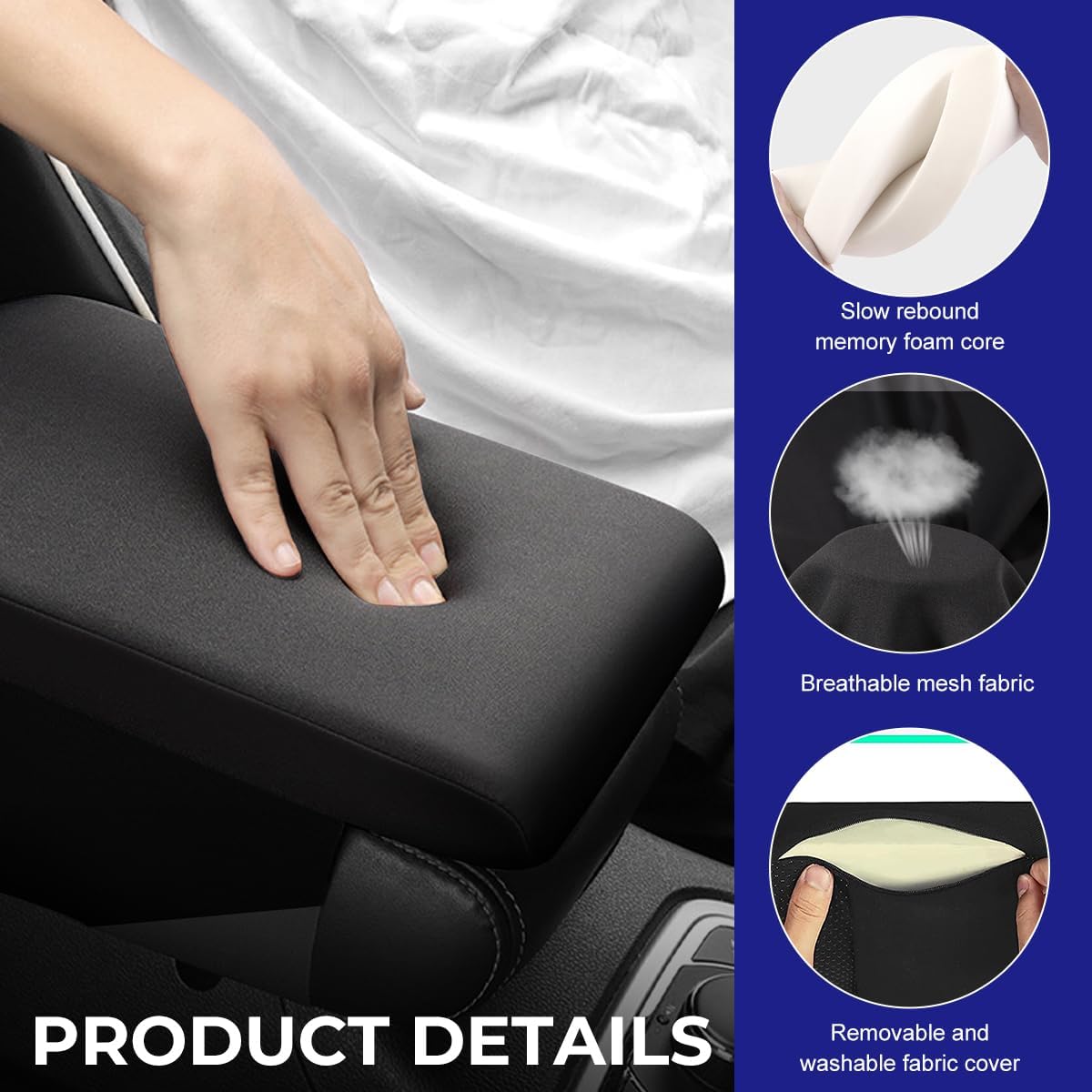 13" x 8" Car Center Console Armrest Cushion Pad Black, Premium Memory Foam, Pressure Relief Comfort, Universal Automotive Armrest Cover Protector for Sedans SUVs Trucks Vans, Anti-Scratch Car Interior Accessories