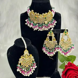 Elegant Gold Tone Choker Necklace With Earrings And Tikka Set